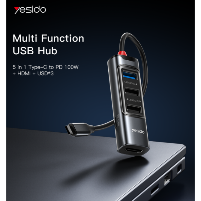 محوّل Yesido متعدد الوظائف 5 في 1 – USB-C مع شحن سريع 100W وHDMI وOTG