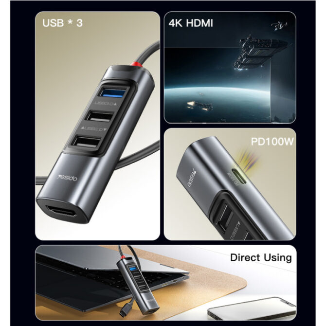 محوّل Yesido متعدد الوظائف 5 في 1 – USB-C مع شحن سريع 100W وHDMI وOTG