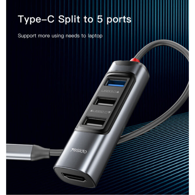 محوّل Yesido متعدد الوظائف 5 في 1 – USB-C مع شحن سريع 100W وHDMI وOTG