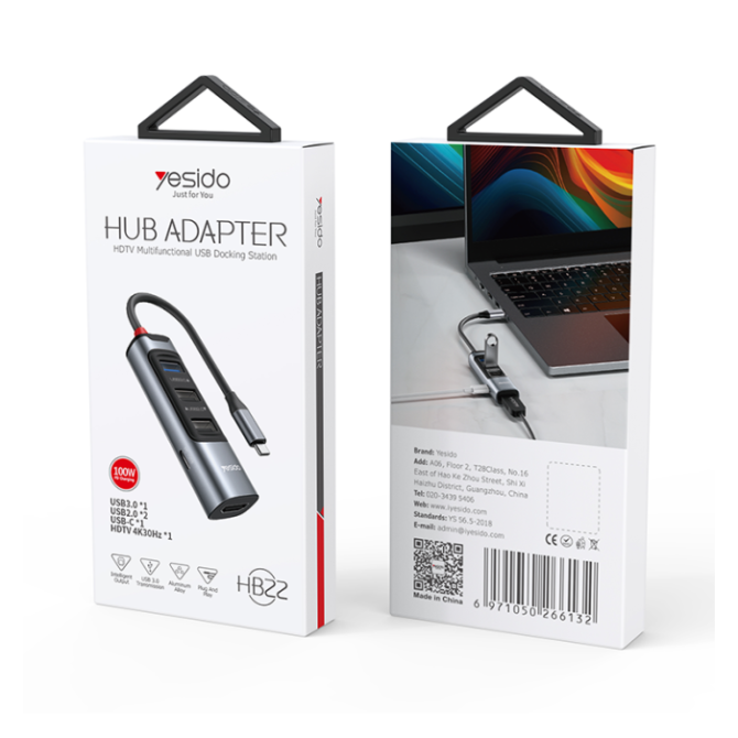 محوّل Yesido متعدد الوظائف 5 في 1 – USB-C مع شحن سريع 100W وHDMI وOTG