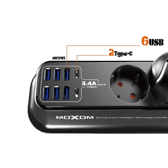 توصيلة كهرباء ذكية بطول 2 متر وشاحن سريع MX-ST05 موكسوم مع 6 منافذ USB ومنفذين Type-C شحن سريع 3.5A و 4 مقابس كهرباء تيار متردد