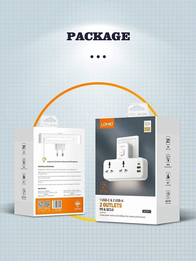 علبة موزع طاقة مزود بمُمدّد USB بقدرة 20 واط بثلاث منافذ مع توصيل طاقة PD